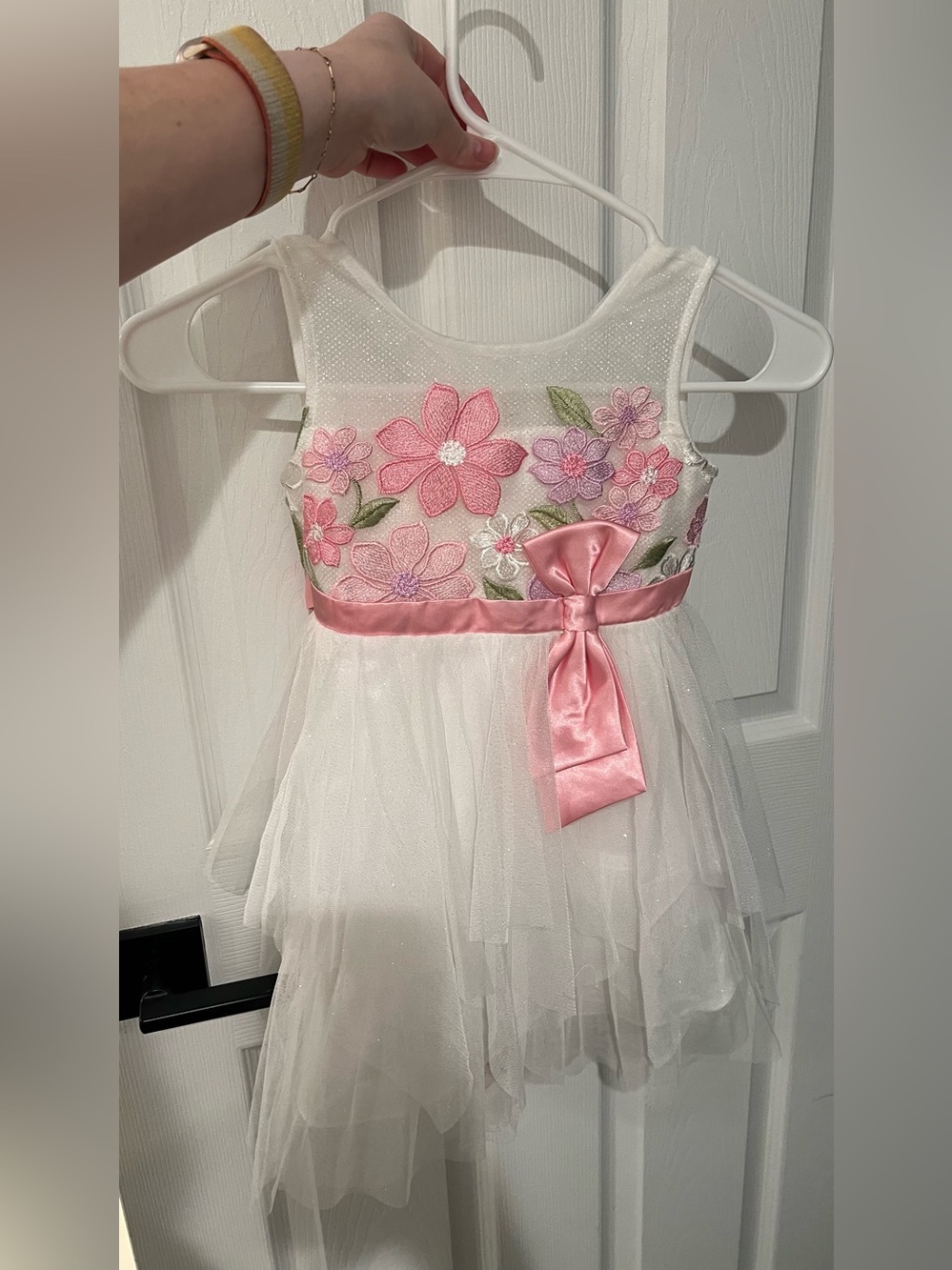 Jona Michelle White Dress with Pink Floral Embroidery and Pink Satin Sash